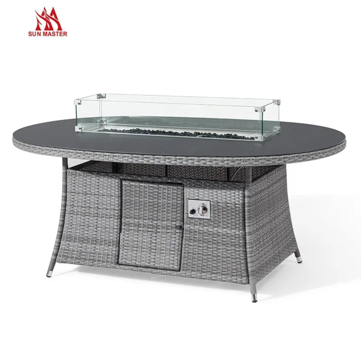 Modern Rattan Patio Sofa Set with Fire Pit Table – Dark Gray