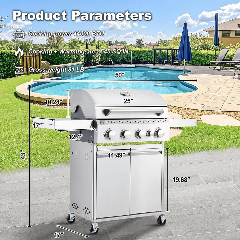 Stainless Steel Gas Grill 44000 BTU 4-Burner BBQ Station with Side Burner & Cast Iron Grates