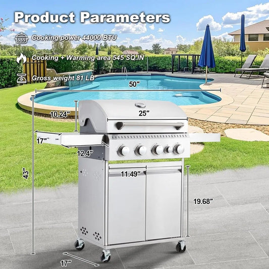 Title: Stainless Steel Gas Grill 44000 BTU 4 Burner BBQ Station with Side Stove Cast Iron Grates Professional Kitchen Outdoor Pro