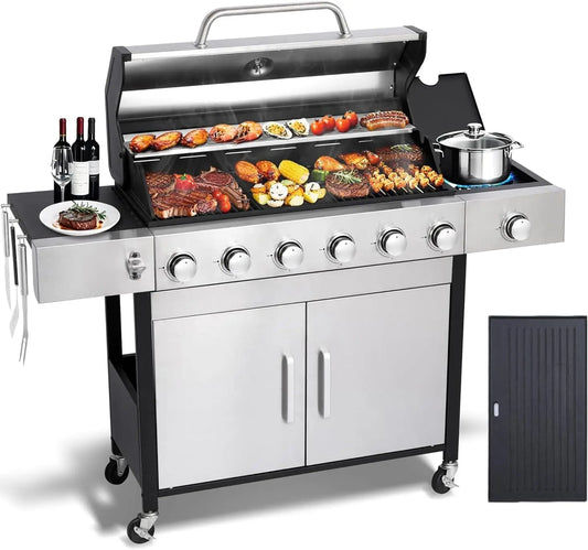 Title: Professional 6-Burner Gas Grilling Station, 620 SQ IN Propane BBQ with Side Burner & Cast Iron Grates