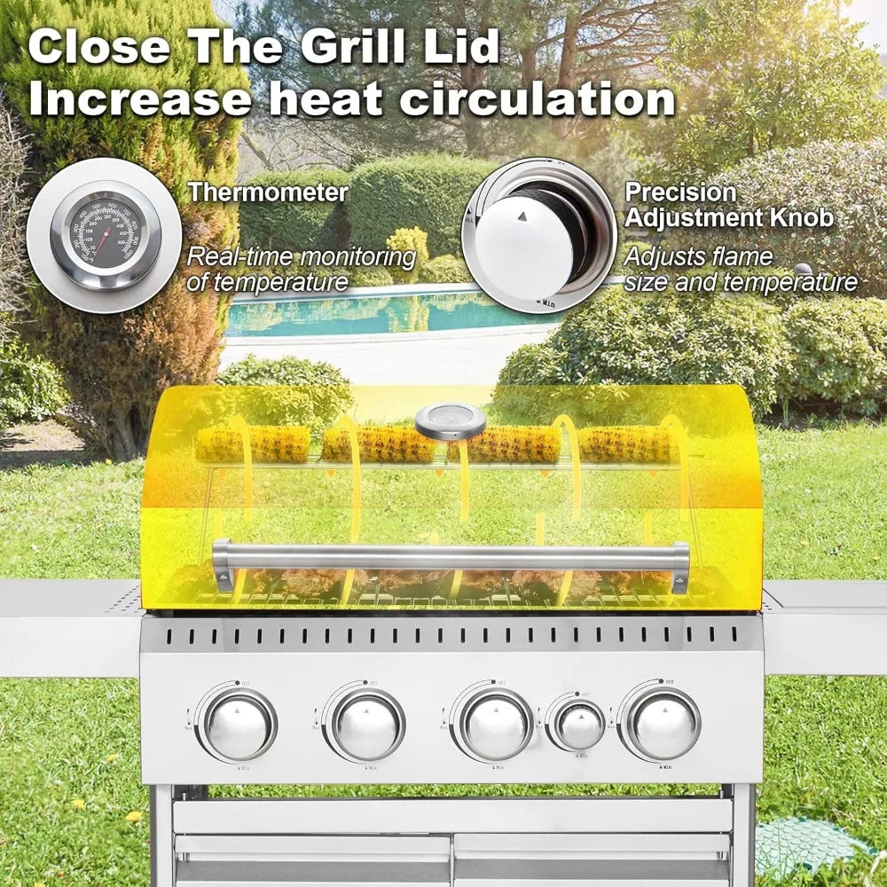 Stainless Steel Gas Grill 44000 BTU 4-Burner BBQ Station with Side Burner & Cast Iron Grates