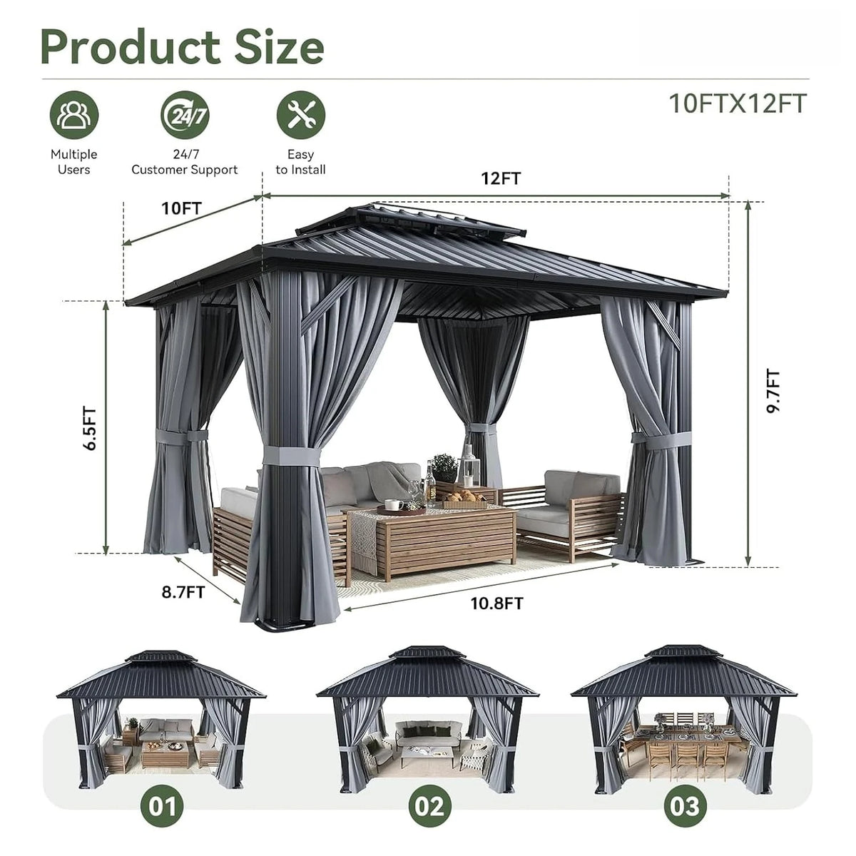 Gazebo 10x12 Hardtop Gazebo with Double Galvanized Steel Roof, Gray | Metal Frame Outdoor Pavilion with Breathable, Customized