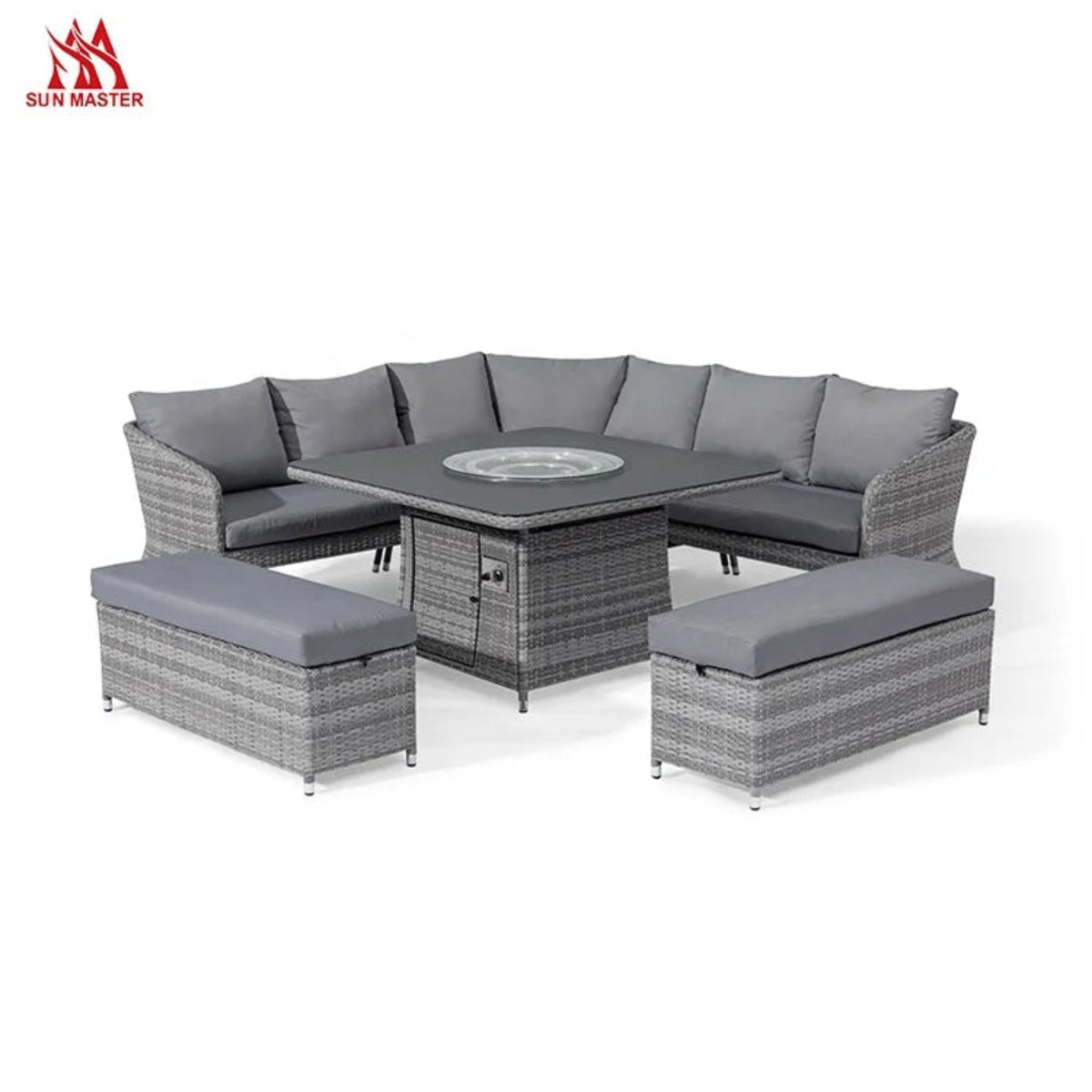 Modern Rattan Patio Sofa Set with Fire Pit Table – Dark Gray