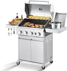 Stainless Steel Gas Grill 44000 BTU 4-Burner BBQ Station with Side Burner & Cast Iron Grates