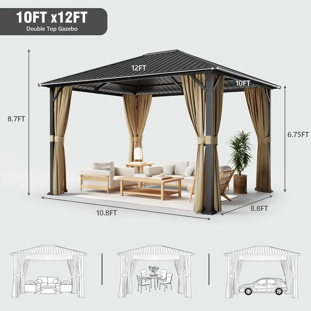 10x12 Hardtop Gazebo with Double-Tier Galvanized Steel Roof & Mosquito Netting