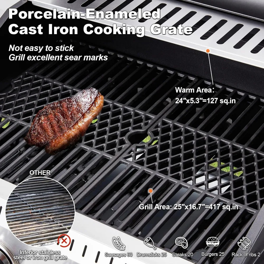 Stainless Steel Gas Grill 44000 BTU 4-Burner BBQ Station with Side Burner & Cast Iron Grates