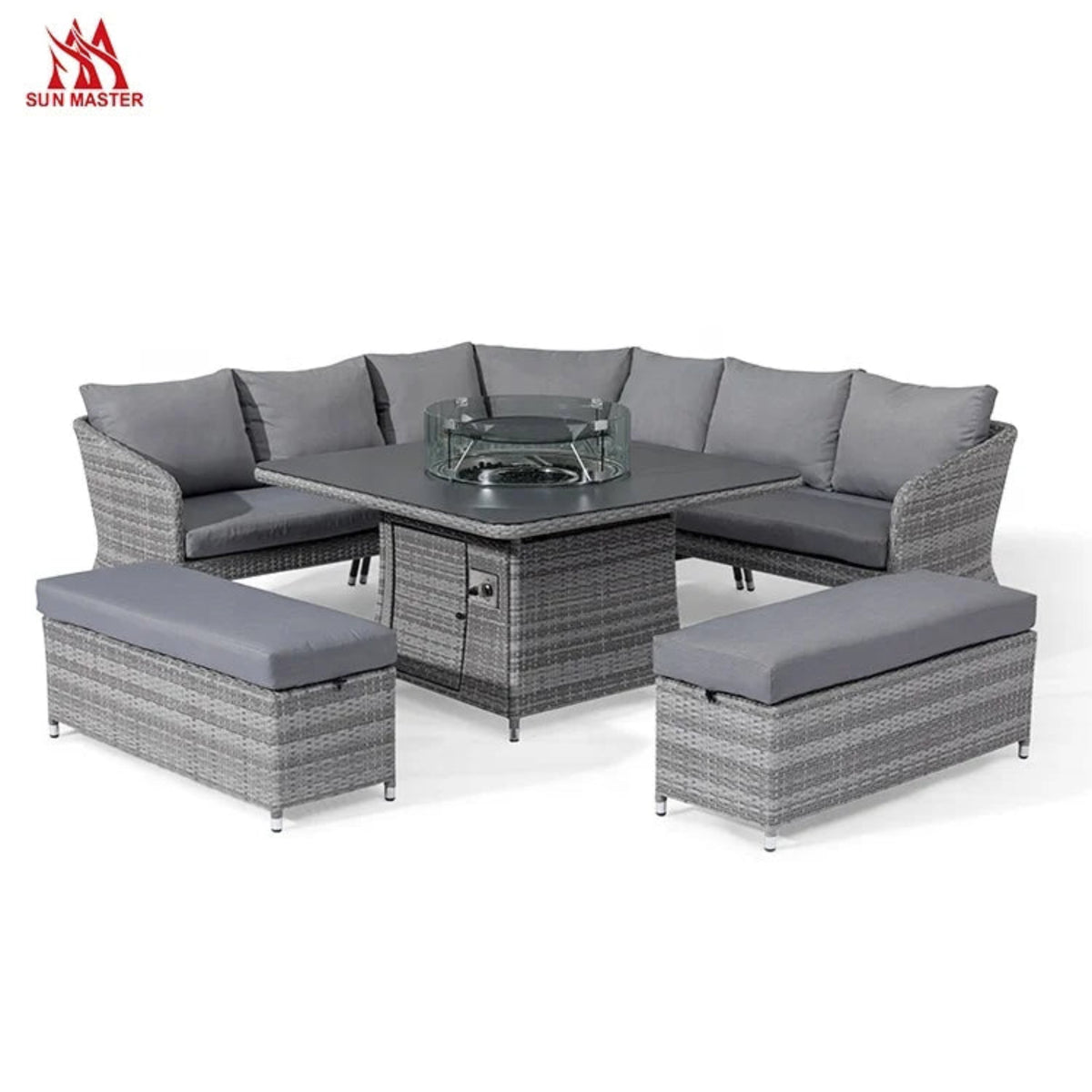 Modern Rattan Patio Sofa Set with Fire Pit Table – Dark Gray