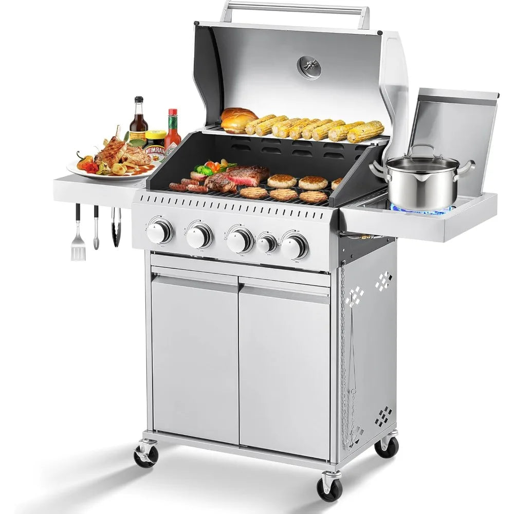 Stainless Steel Gas Grill 44000 BTU 4-Burner BBQ Station with Side Burner & Cast Iron Grates
