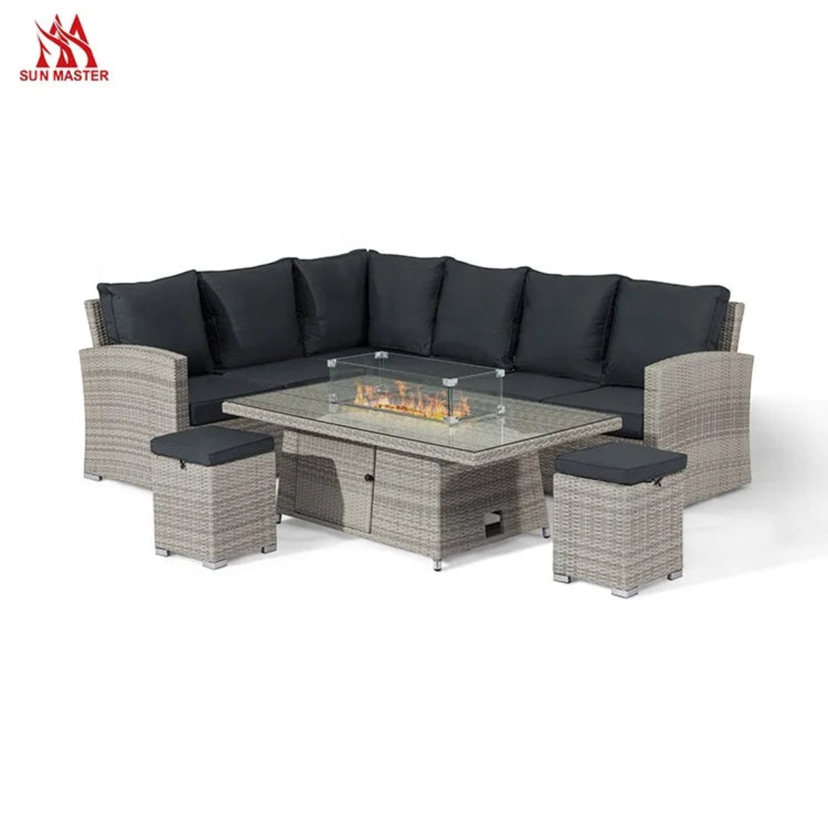 Modern Rattan Patio Sofa Set with Fire Pit Table – Dark Gray