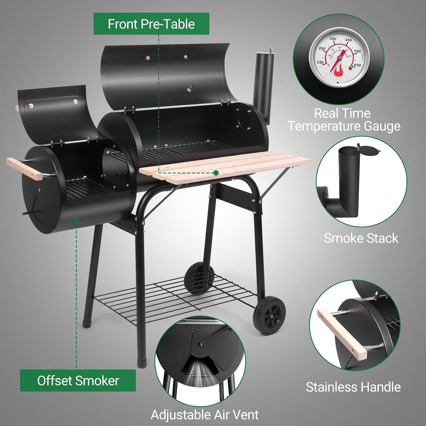 Charcoal Grill Offset Smoker 24x12 Stainless Wheels